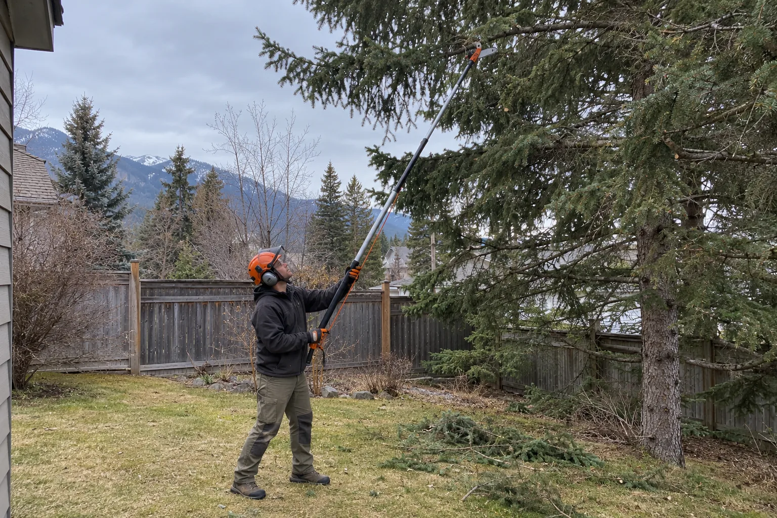 Arborist using a pole pruner on a spruce in a residential backyard