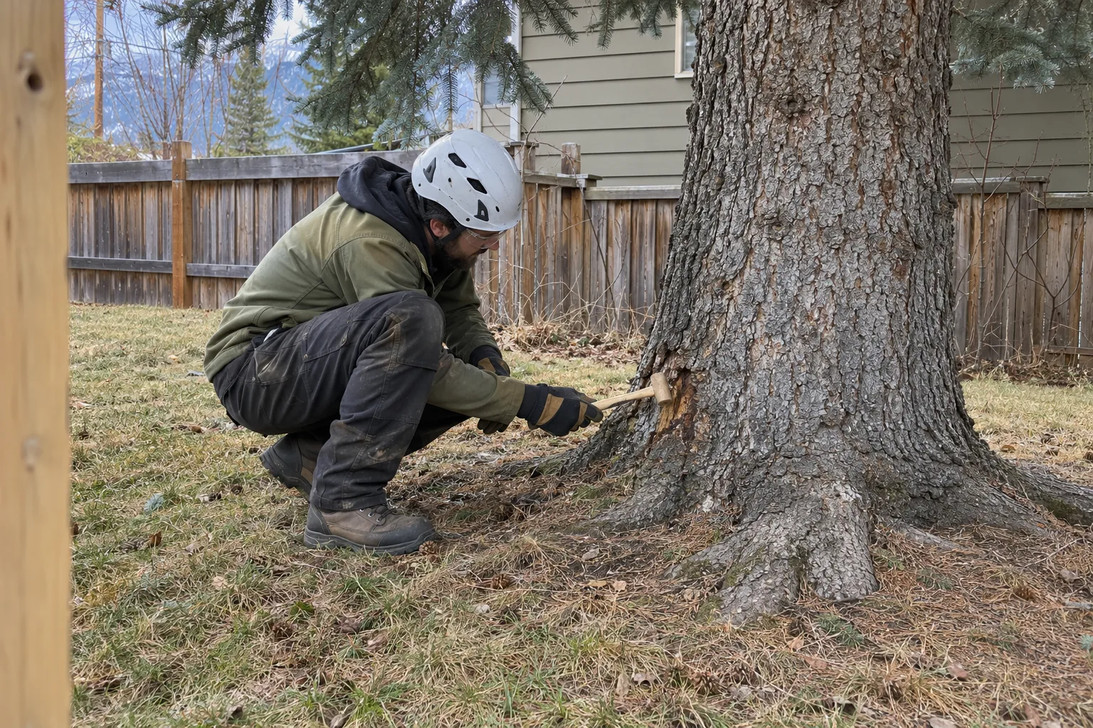 Arborist inspecting a spruce root flare with a sounding mallet