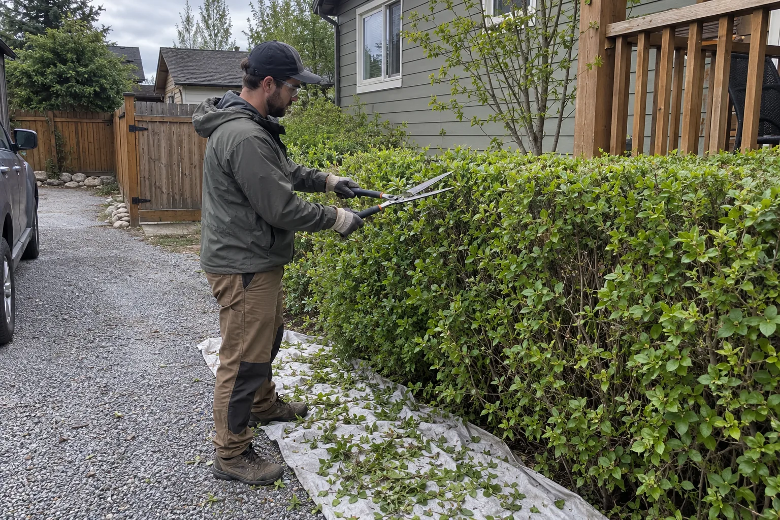 Worker trimming a residential hedge with manual shears