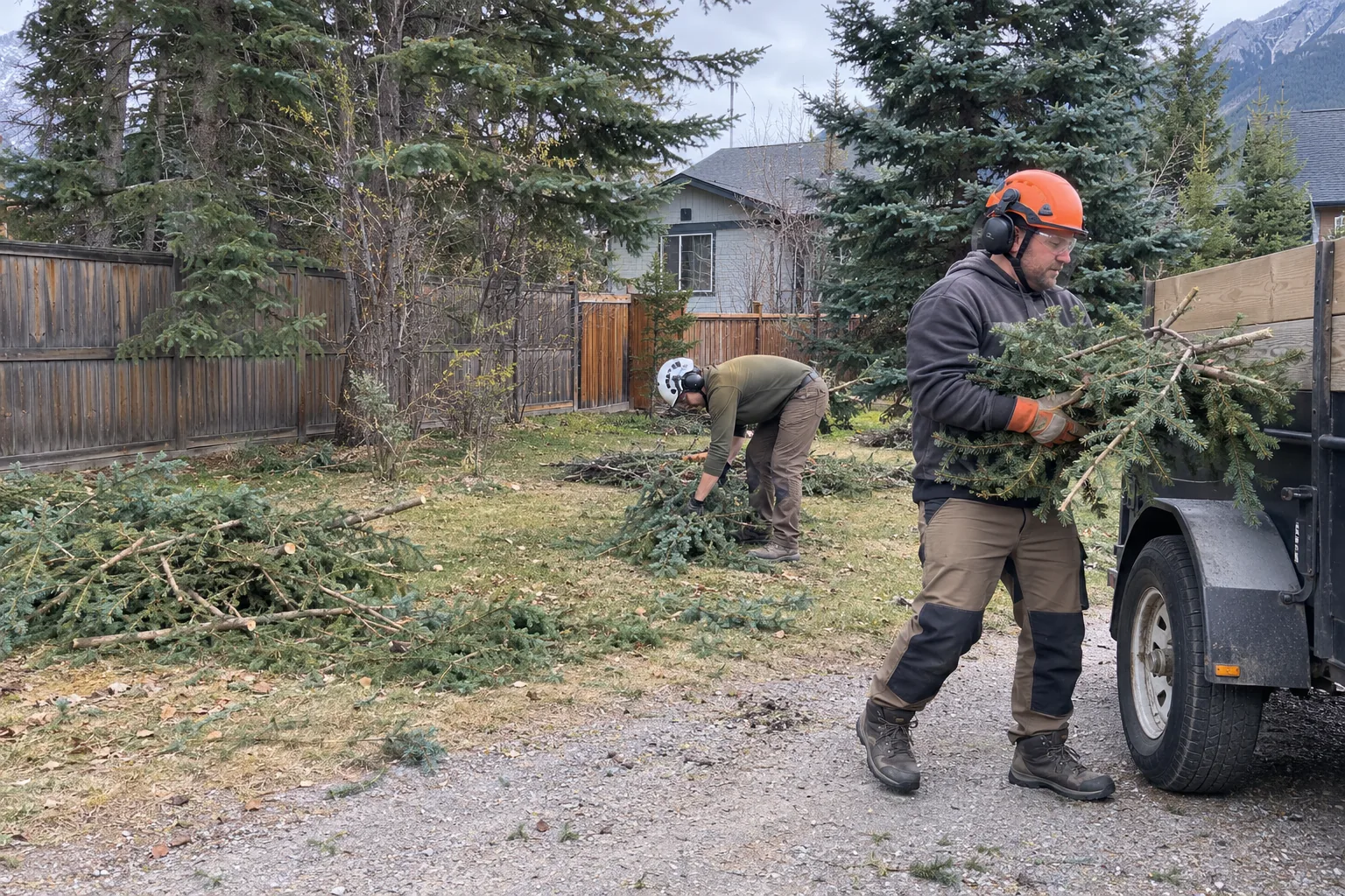 Two tree workers gathering spruce branches beside a utility trailer in a residential yard