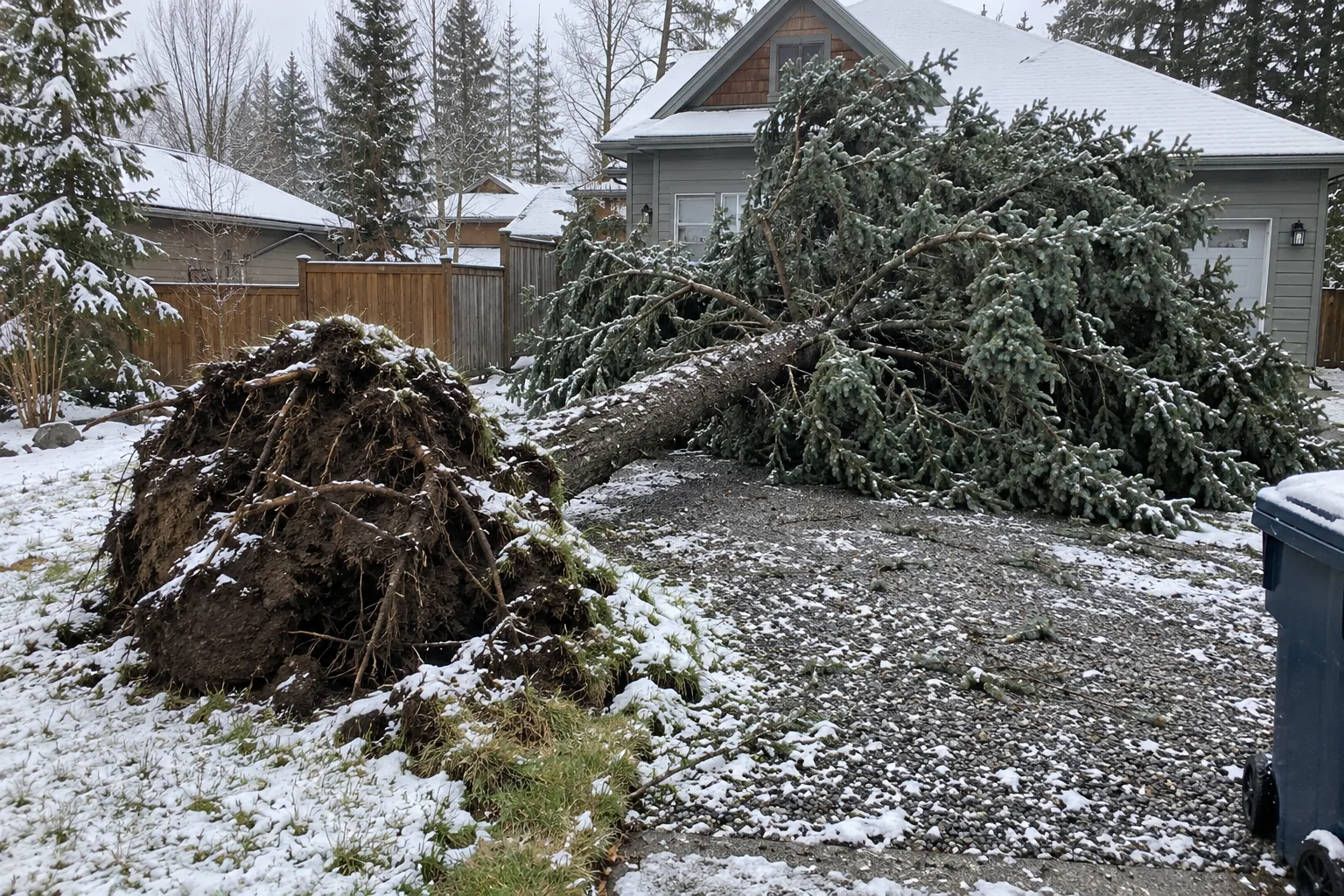 Uprooted spruce across a snow-dusted residential driveway