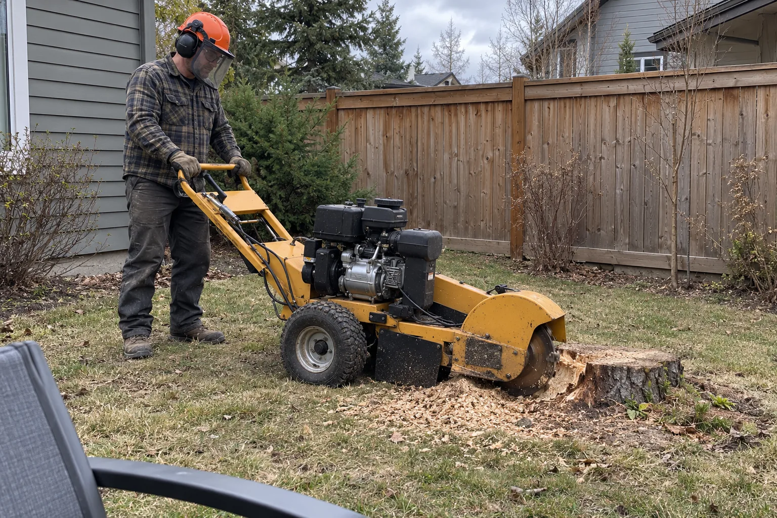 Worker operating a compact stump grinder in a fenced backyard
