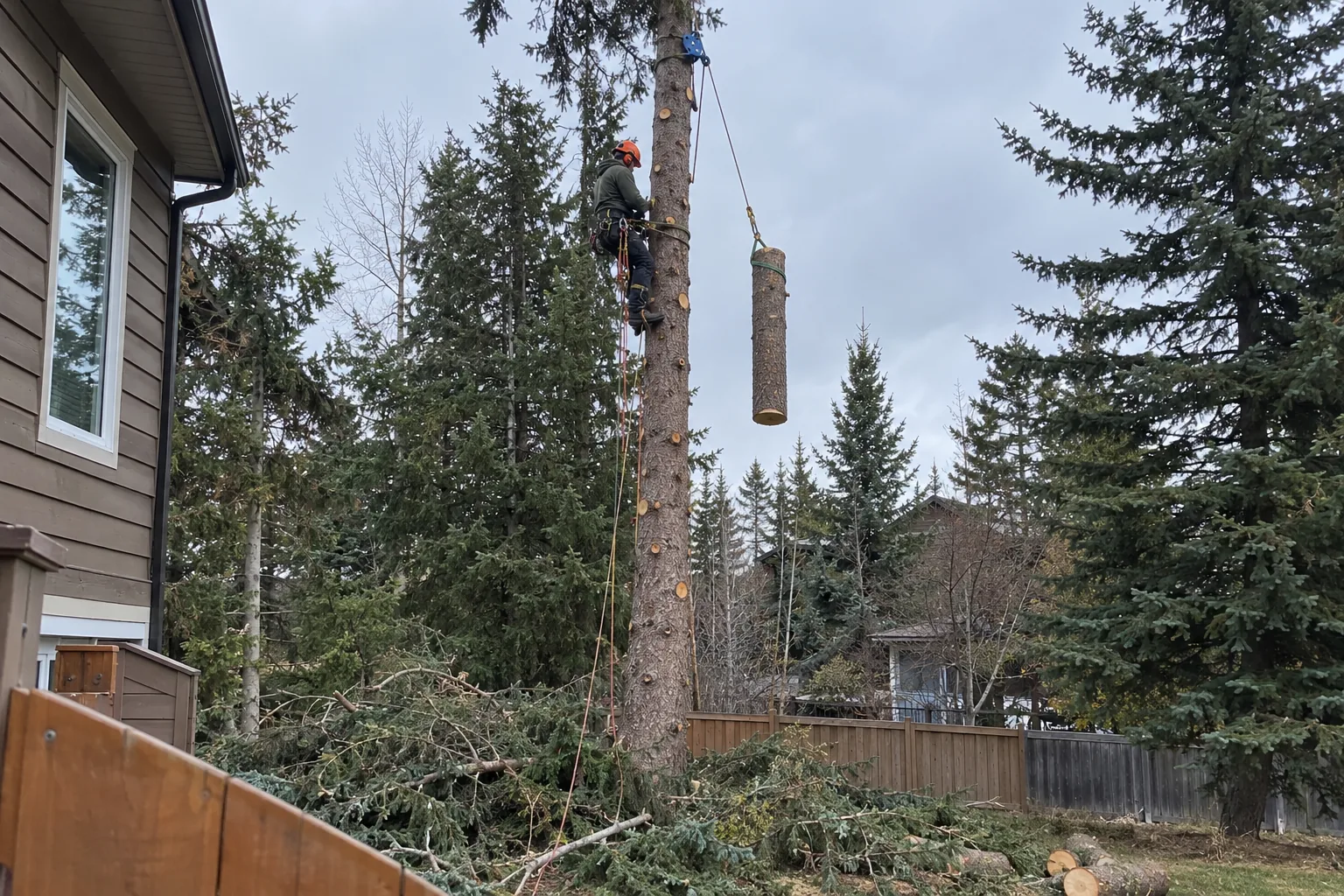 Climbing arborist rigging a cut spruce section beside a residential home